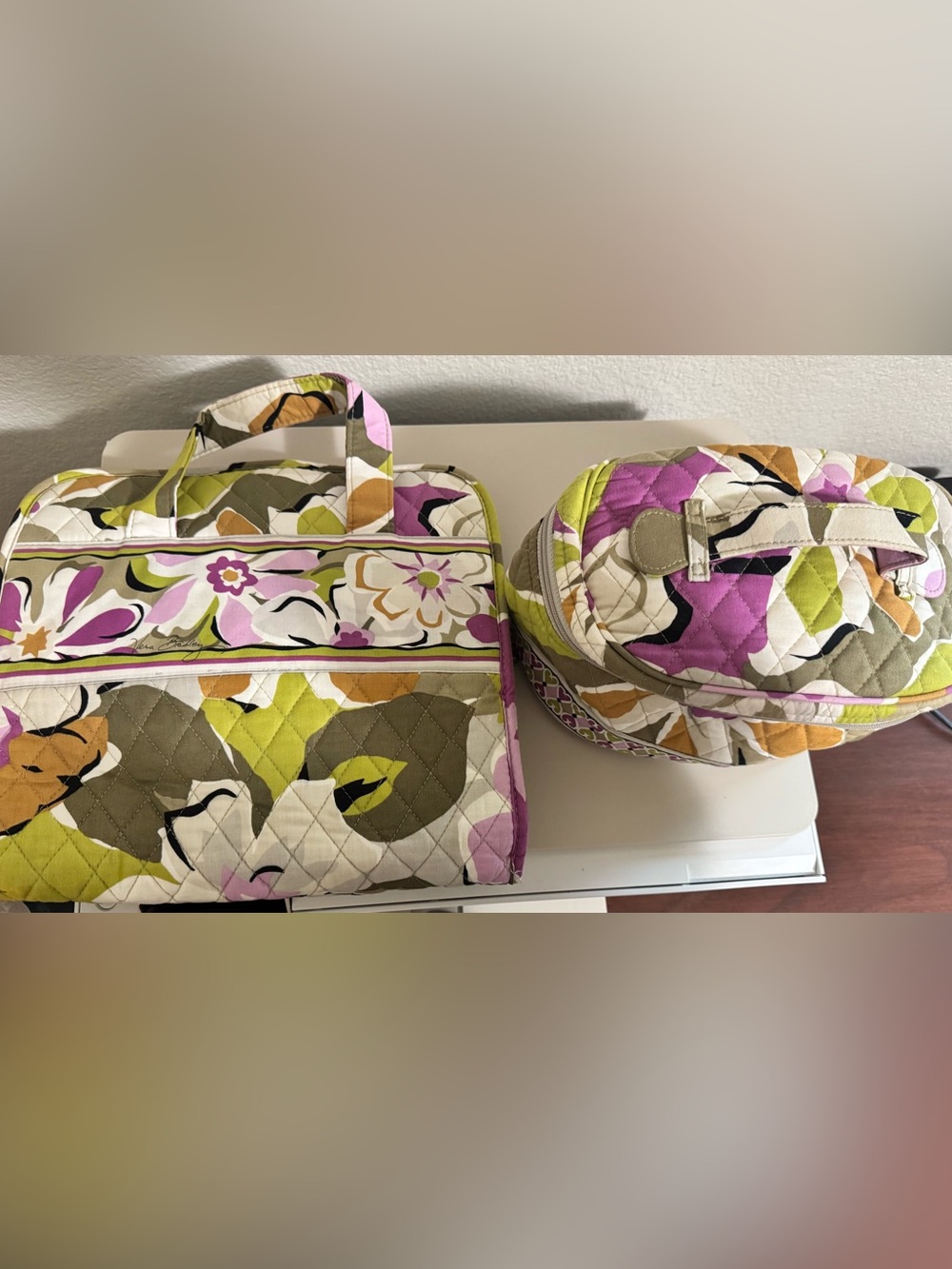 Vera Bradley Quilted Floral Travel Cases Set in Pink, Olive & Cream